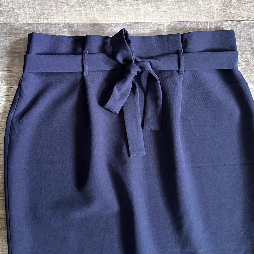Liz Claiborne Tie Belt A Line Skirt Womens 16 Navy Blue Paperbag Waist Career - Picture 3 of 9